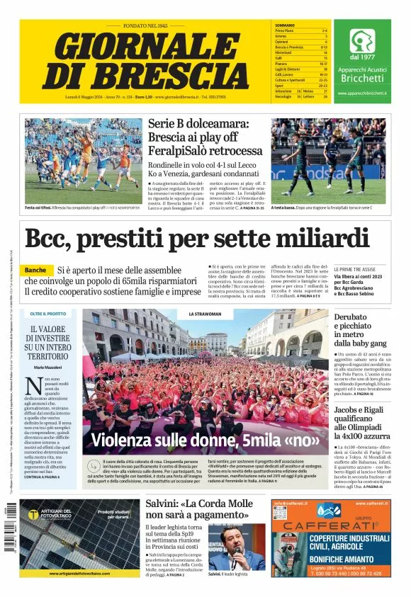 Prima-pagina-giornale di brescia-oggi-edizione-del-2024-05-06